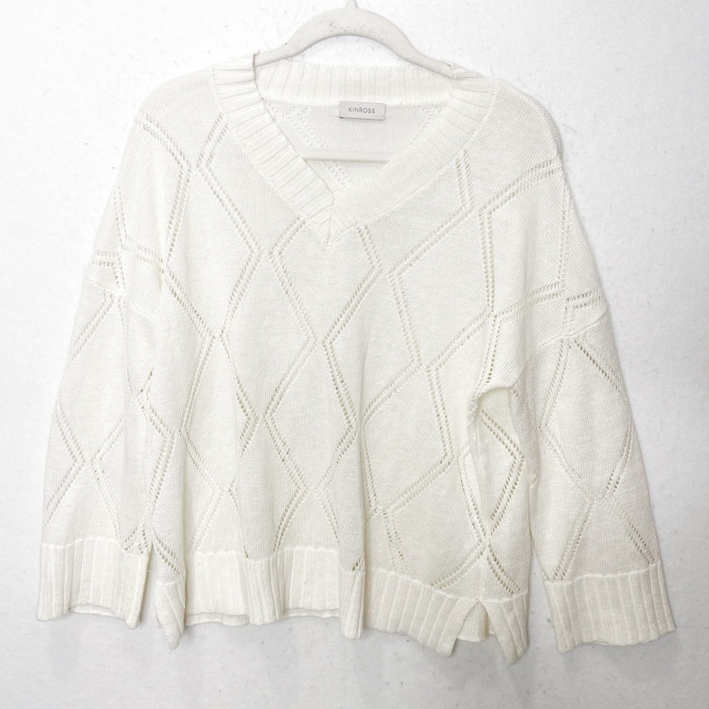 Kinross Sweater White 100% Linen Openwork Lightweight Vented Hem V-Neck